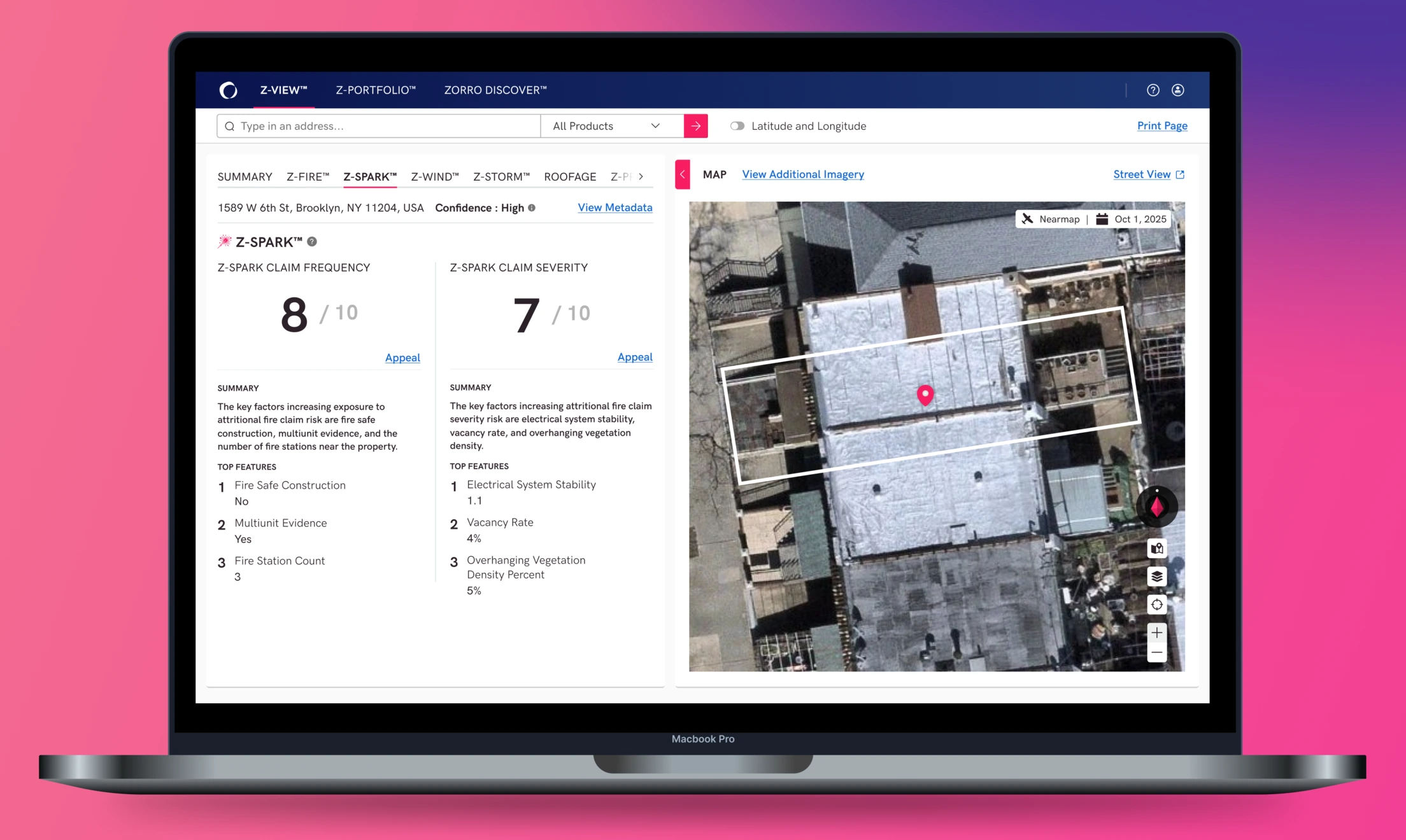 Laptop displaying the Z-SPARK dashboard, showing property-level frequency and severity scores for seamless underwriting integration.