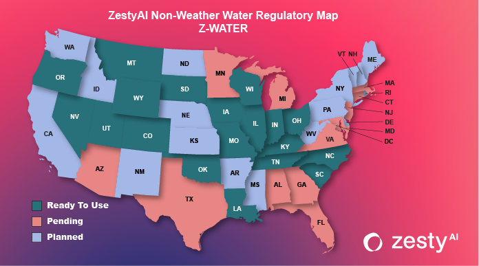 US map showing ZestyAI non-weather water regulatory status: states marked ready, pending, or planned.