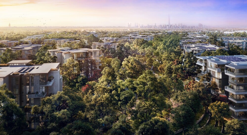 Luxuriöse Wohnanlage in Dubai mit nachhaltigem Design, viel Grünfläche und Blick auf die Skyline mit Burj Khalifa