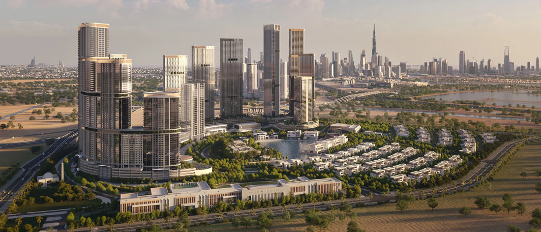 Sobha Realty Luxusimmobilien in Dubai – moderne Hochhäuser und Villen mit Blick auf Burj Khalifa und Skyline