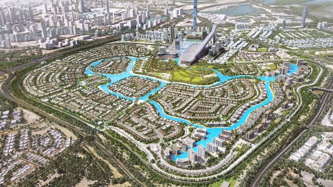 MBR City Dubai aerial view with luxury villas, green landscapes, and waterfront community