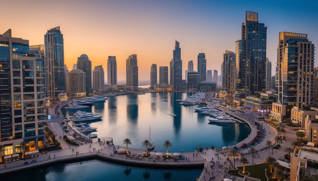 Die Dubai Marina zeigt eine beeindruckende Skyline mit modernen Hochhäusern und luxuriösen Apartments, die am Wasser liegen. Diese Gegend ist ein beliebter Standort für Investoren, die Immobilien in Dubai kaufen möchten, und bietet zahlreiche Freizeitmöglichkeiten entlang der Uferpromenade.
