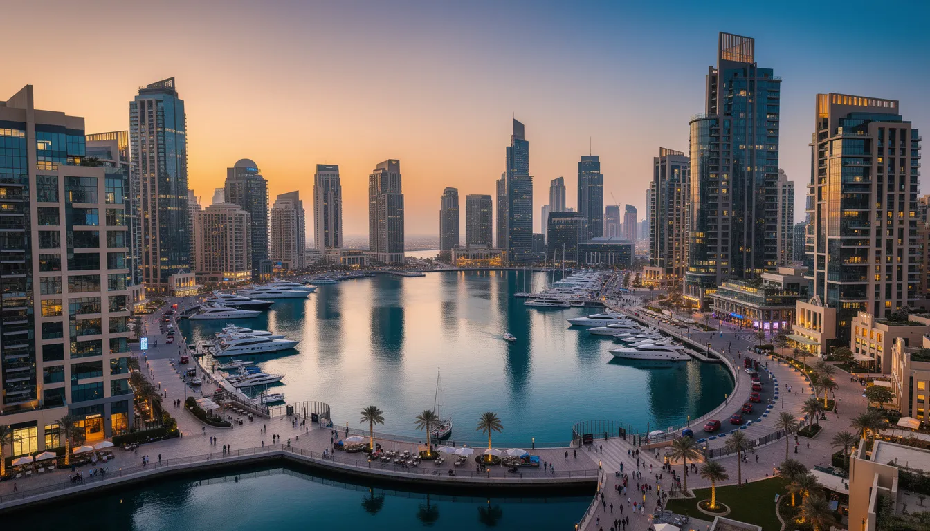 Die Dubai Marina zeigt eine beeindruckende Skyline mit modernen Hochhäusern und luxuriösen Apartments, die am Wasser liegen. Diese Gegend ist ein beliebter Standort für Investoren, die Immobilien in Dubai kaufen möchten, und bietet zahlreiche Freizeitmöglichkeiten entlang der Uferpromenade.