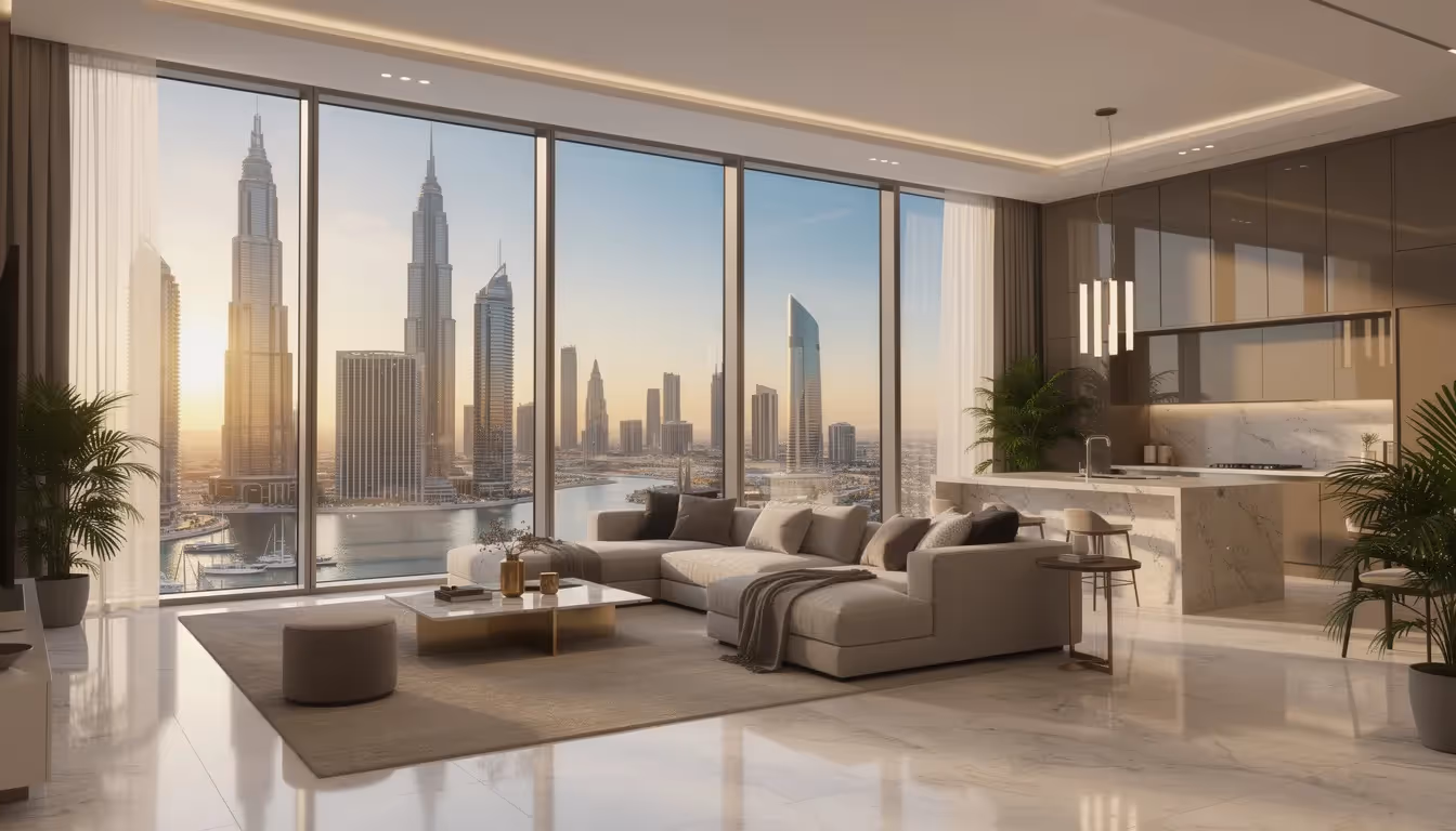 Das Bild zeigt ein modernes Apartment in Dubai, umgeben von beeindruckenden Wolkenkratzern und der lebhaften Atmosphäre der Stadt. Diese Immobilie in Dubai bietet einen Einblick in den Immobilienmarkt der Vereinigten Arabischen Emirate und könnte eine Traumimmobilie für Investoren sein.