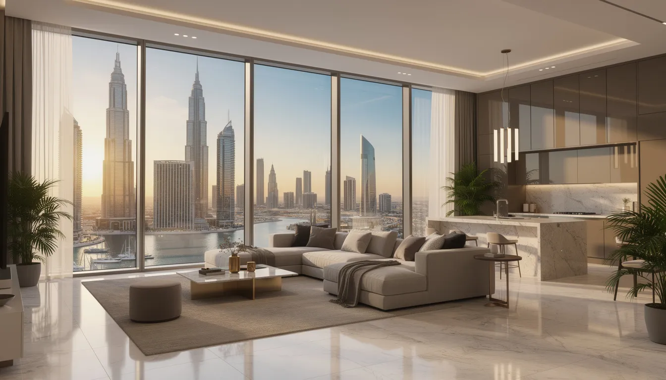 Das Bild zeigt ein modernes Apartment in Dubai, umgeben von beeindruckenden Wolkenkratzern und der lebhaften Atmosphäre der Stadt. Diese Immobilie in Dubai bietet einen Einblick in den Immobilienmarkt der Vereinigten Arabischen Emirate und könnte eine Traumimmobilie für Investoren sein.