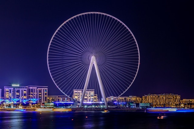 ferris wheel, nature, landscape, dubai, u a e, night, lights, architecture, lighting, skyline, large, cityscape, round, water, sea, perspective, night photograph