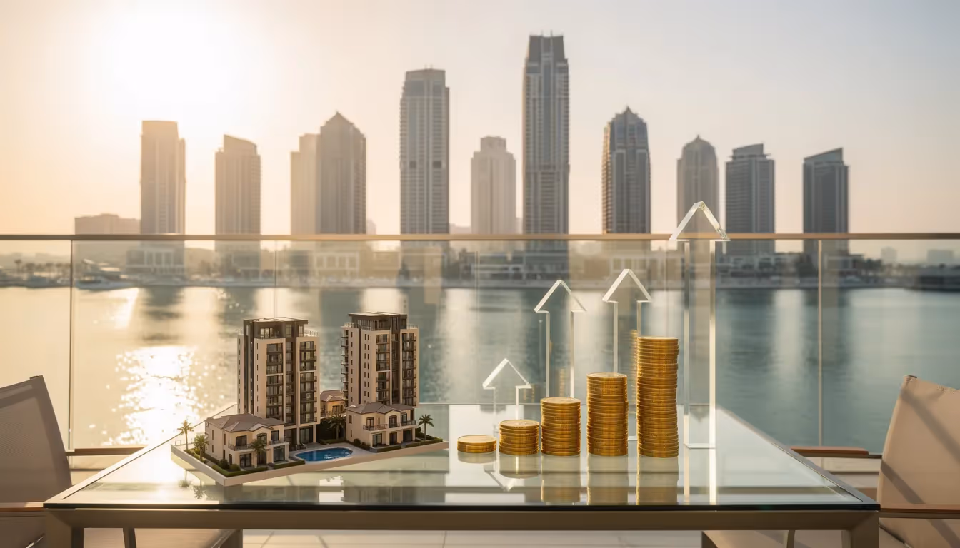 Das Bild zeigt eine grafische Darstellung, die die Faktoren und Chancen einer guten „Dubai Immobilien Rendite“ erklärt. Es illustriert die Vorteile, die Immobilieninvestoren in Dubai durch den stabilen Mietmarkt und die weltklasse Infrastruktur erwarten können.