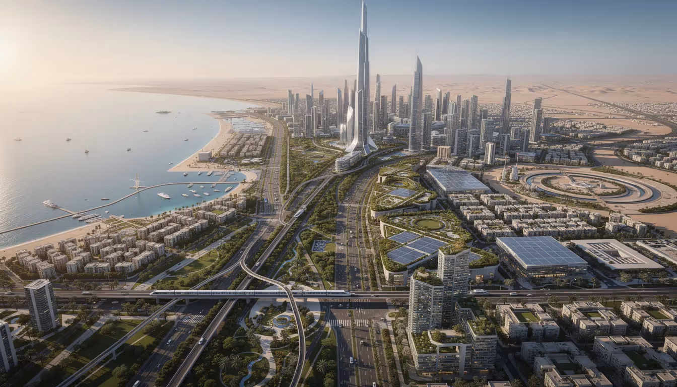 Das Bild zeigt eine futuristische Stadtansicht von Dubai, die durch moderne Wolkenkratzer und grüne Flächen geprägt ist, welche Teil des Dubai Masterplan 2040 sind. Die Darstellung vermittelt eine Vision von nachhaltiger Stadtentwicklung und einem hohen Lebensstandard im Nahen Osten.