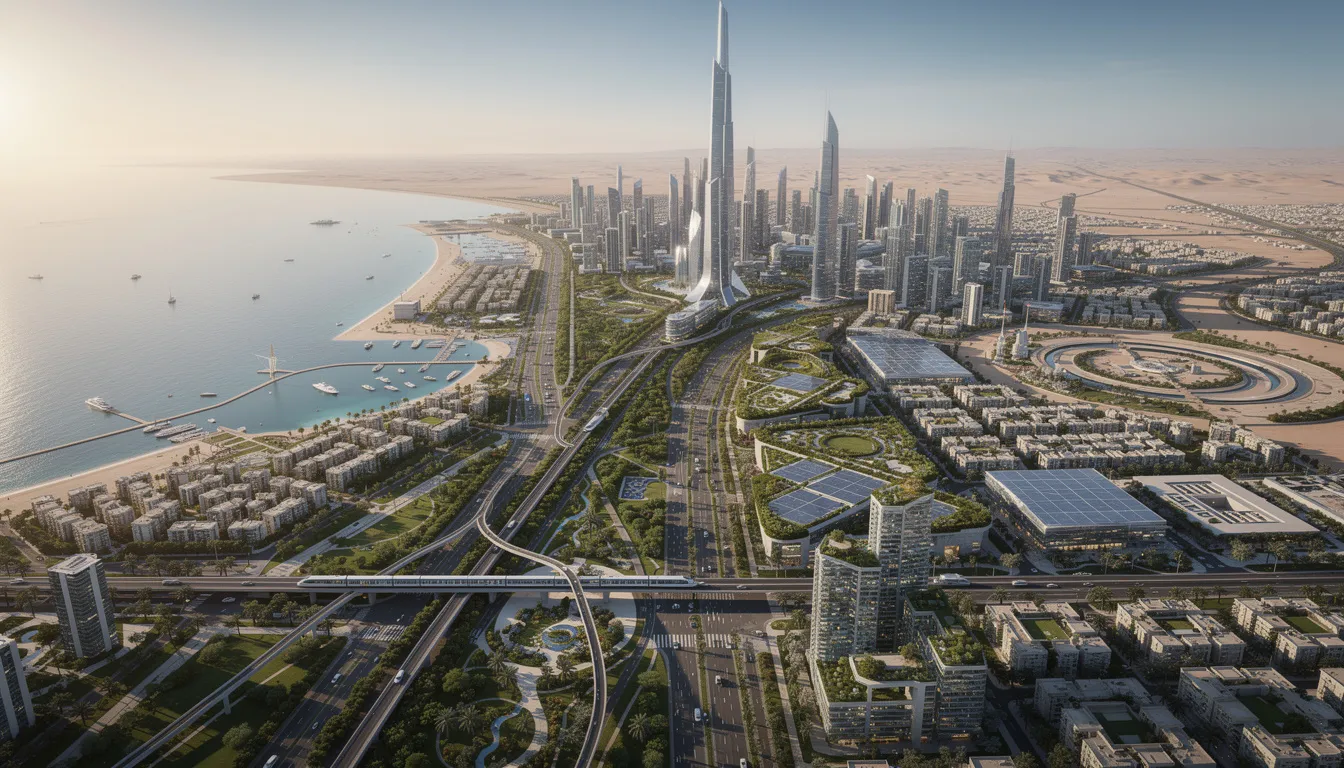 Das Bild zeigt eine futuristische Stadtansicht von Dubai, die durch moderne Wolkenkratzer und grüne Flächen geprägt ist, welche Teil des Dubai Masterplan 2040 sind. Die Darstellung vermittelt eine Vision von nachhaltiger Stadtentwicklung und einem hohen Lebensstandard im Nahen Osten.