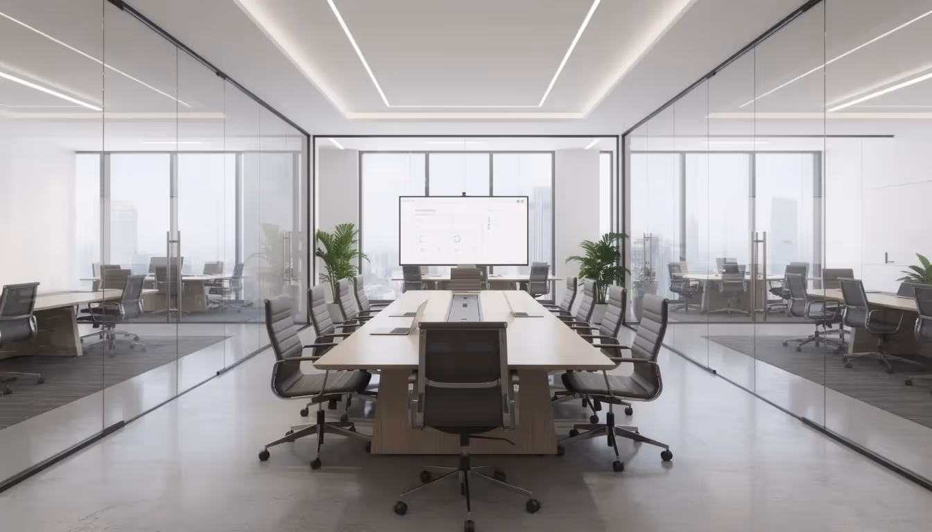 Das Bild zeigt das moderne Innere eines Bürogebäudes mit großen Glasfenstern, in dem ein professioneller Besprechungsraum zu sehen ist. Diese Umgebung spiegelt die aktuellen Entwicklungen im Immobilienmarkt von Dubai wider und bietet eine ideale Kulisse für Unternehmen und Investoren, die sich mit Immobilienfinanzierung und -kauf beschäftigen.