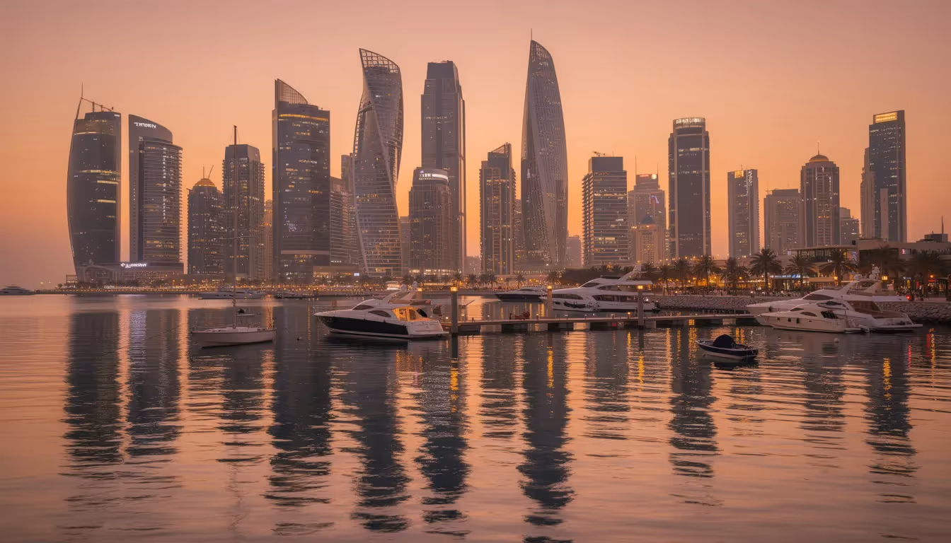 Das Bild zeigt die moderne Skyline von Dubai bei Sonnenuntergang, mit den beeindruckenden Marina Towers im Vordergrund und der glitzernden Waterfront. Diese Szene spiegelt die dynamische Entwicklung des Immobilienmarktes in Dubai wider, ideal für Investoren und Käufer, die an Immobilienfinanzierung und Finanzierungsmöglichkeiten interessiert sind.