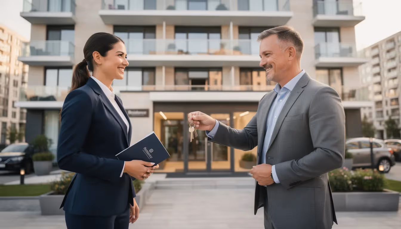 Das Bild zeigt zwei Geschäftsleute, die bei der Übergabe eines modernen Apartmentgebäudes Schlüssel austauschen. Diese Szene symbolisiert den Abschluss eines Immobilienkaufs in Dubai, wobei die Bedeutung der Immobilienfinanzierung und der verschiedenen Finanzierungsmöglichkeiten hervorgehoben wird.