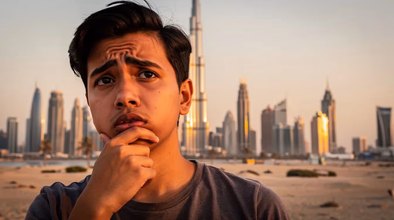 Ein nachdenklicher Mensch steht im Vordergrund mit einem unscharfen Hintergrund von Dubai, der die beeindruckende Skyline und moderne Architektur zeigt. Die Person scheint über Investitionen in Immobilien nachzudenken, möglicherweise über Mietrenditen und Möglichkeiten im Immobilienmarkt in Dubai.