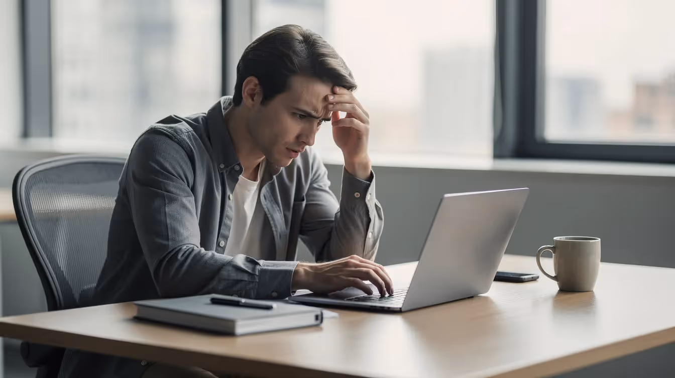 Ein Mensch sitzt in einem modernen Büro und sieht nachdenklich aus, während er auf einen Laptop schaut. Die Umgebung ist hell und minimalistisch eingerichtet, was die Unsicherheit der Person in Bezug auf Immobilienfragen in Dubai widerspiegelt.