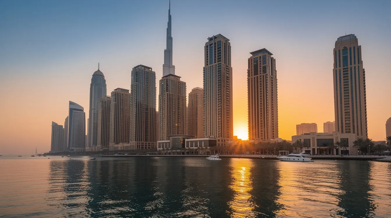 Die Skyline von Dubai zeigt beeindruckende Wohntürme und moderne Hochhäuser am Wasser, während die Sonne untergeht und den Himmel in warmen Farben erleuchtet. Diese Immobilien in Dubai sind nicht nur architektonische Meisterwerke, sondern auch ein wichtiger Aspekt für Investoren und expats, die sich mit Themen wie Erbrecht und Nachlassplanung in den Vereinigten Arabischen Emiraten auseinandersetzen.