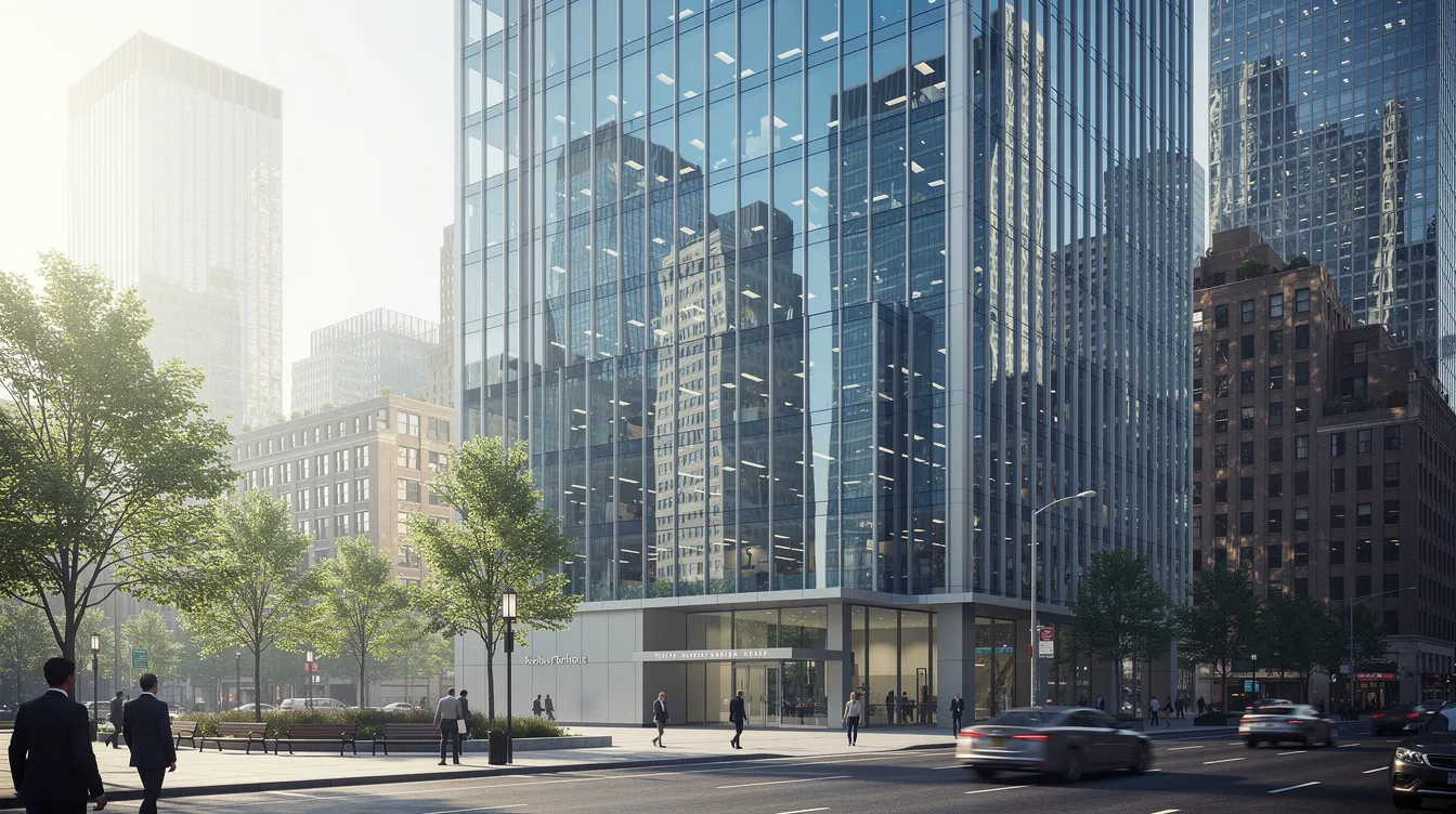Das Bild zeigt ein modernes Bürogebäude eines Finanzzentrums in einer Großstadt, das mit einer eleganten Glasfassade gestaltet ist. Solche Immobilien in Dubai bieten nicht nur einen beeindruckenden Anblick, sondern sind auch wichtig für Investoren und die Planung von Nachlassangelegenheiten, insbesondere im Kontext des Erbrechts in den Vereinigten Arabischen Emiraten.