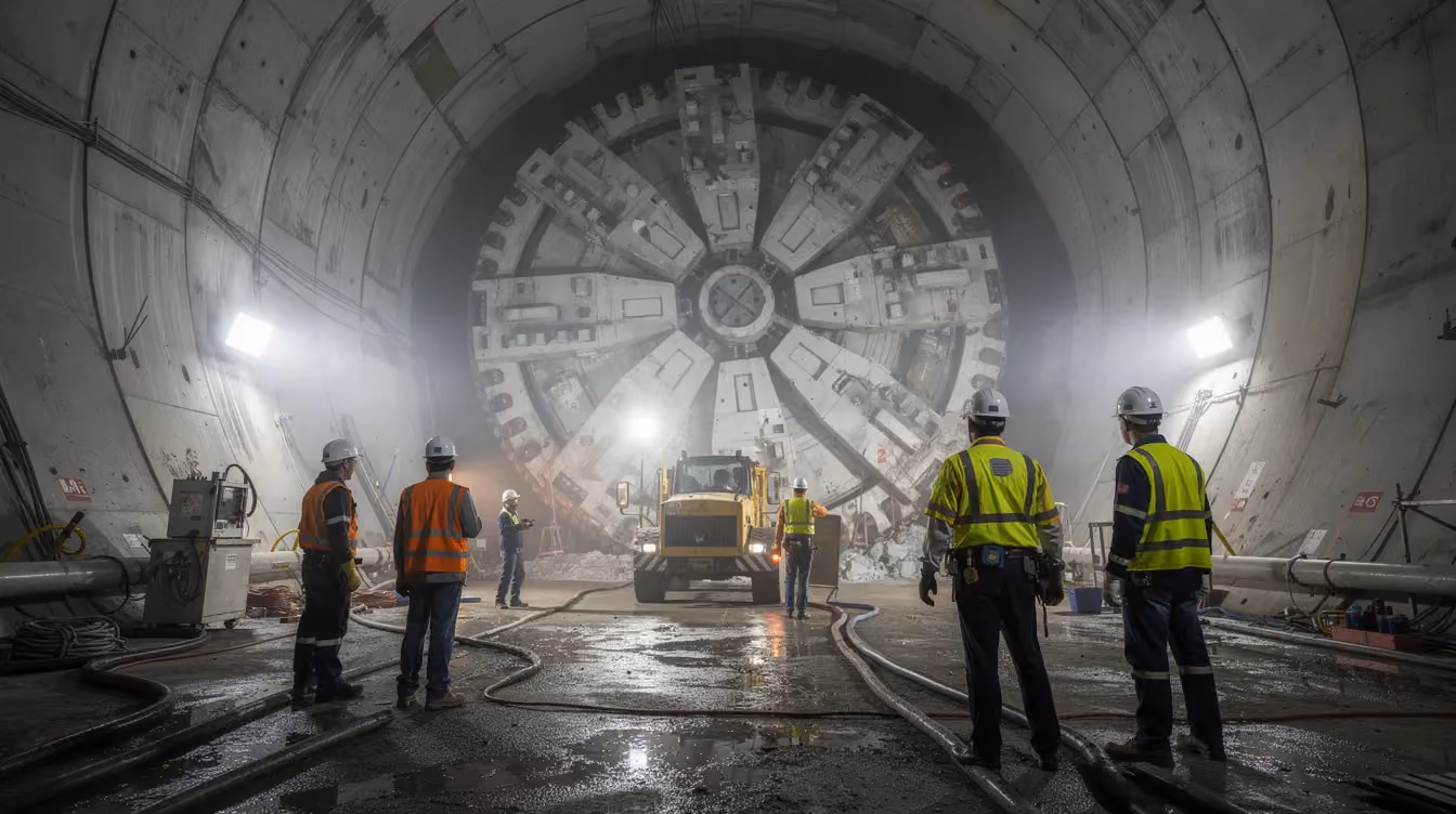 Das Bild zeigt eine große Tunnelbohrmaschine, die unterirdisch arbeitet, um einen neuen Tunnel für die Infrastruktur Dubais zu schaffen. Arbeiter in Sicherheitskleidung sind dabei zu sehen, während sie an den Betonröhren arbeiten, die für die Entwicklung des urbanen Masterplans von Dubai benötigt werden.