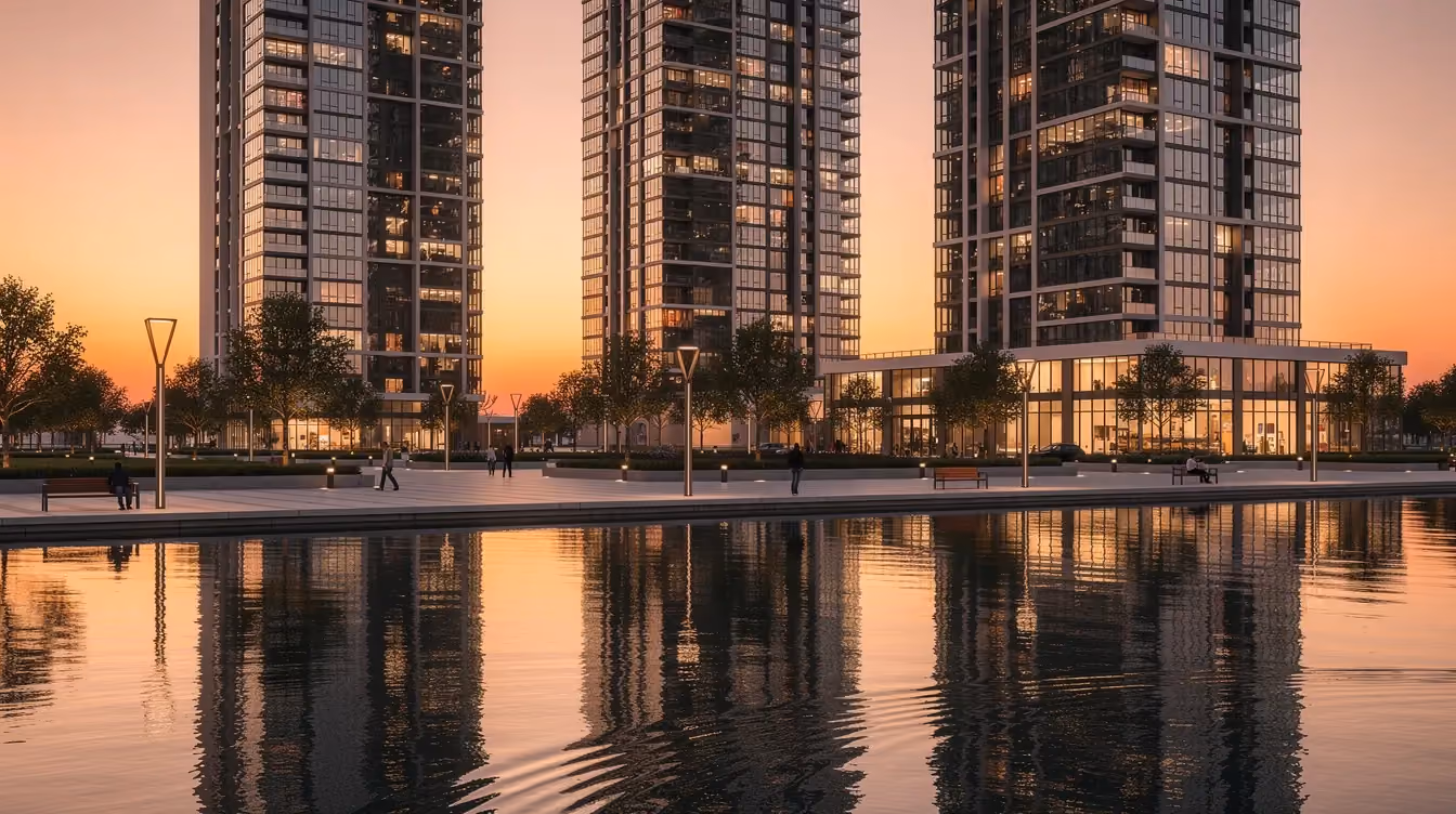 Das Bild zeigt eine moderne Uferstadtlandschaft bei Sonnenuntergang, mit hohen Wohngebäuden, einer Promenade und ruhigem Wasser, das die Gebäude reflektiert. Diese Szene verkörpert die Entwicklung und das Wachstum von Dubais Immobilienmarkt, während sie gleichzeitig einen Blick auf die Lebensqualität in dieser dynamischen Stadt bietet.