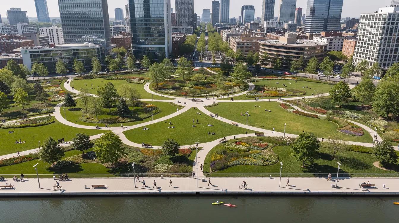 Das Bild zeigt eine Luftaufnahme eines großen urbanen Parks in einer modernen Stadt, der mit Gehwegen, grünen Rasenflächen und einer Uferpromenade gestaltet ist. Diese grüne Oase fördert die Lebensqualität der Bewohner und ist Teil des urbanen Masterplans, der auf Nachhaltigkeit und Entwicklung abzielt.