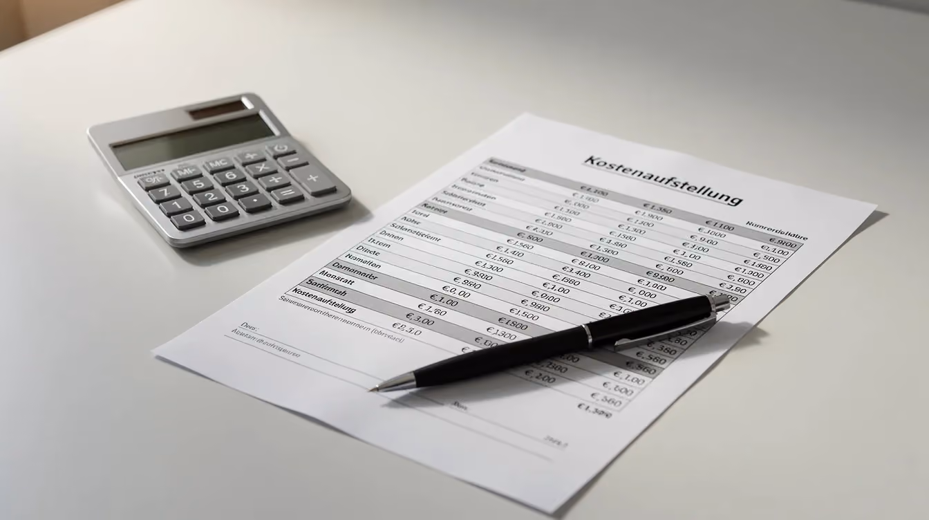 Auf einem schlichten Schreibtisch liegen ein Taschenrechner und ein Stift neben einer Kostenaufstellung, die im weichen Tageslicht gut sichtbar ist. Diese Szene vermittelt eine ruhige Atmosphäre, ideal für die Planung von Immobilienprojekten, wie dem Verkauf einer Immobilie in Dubai oder der Analyse von Immobilienpreisen.