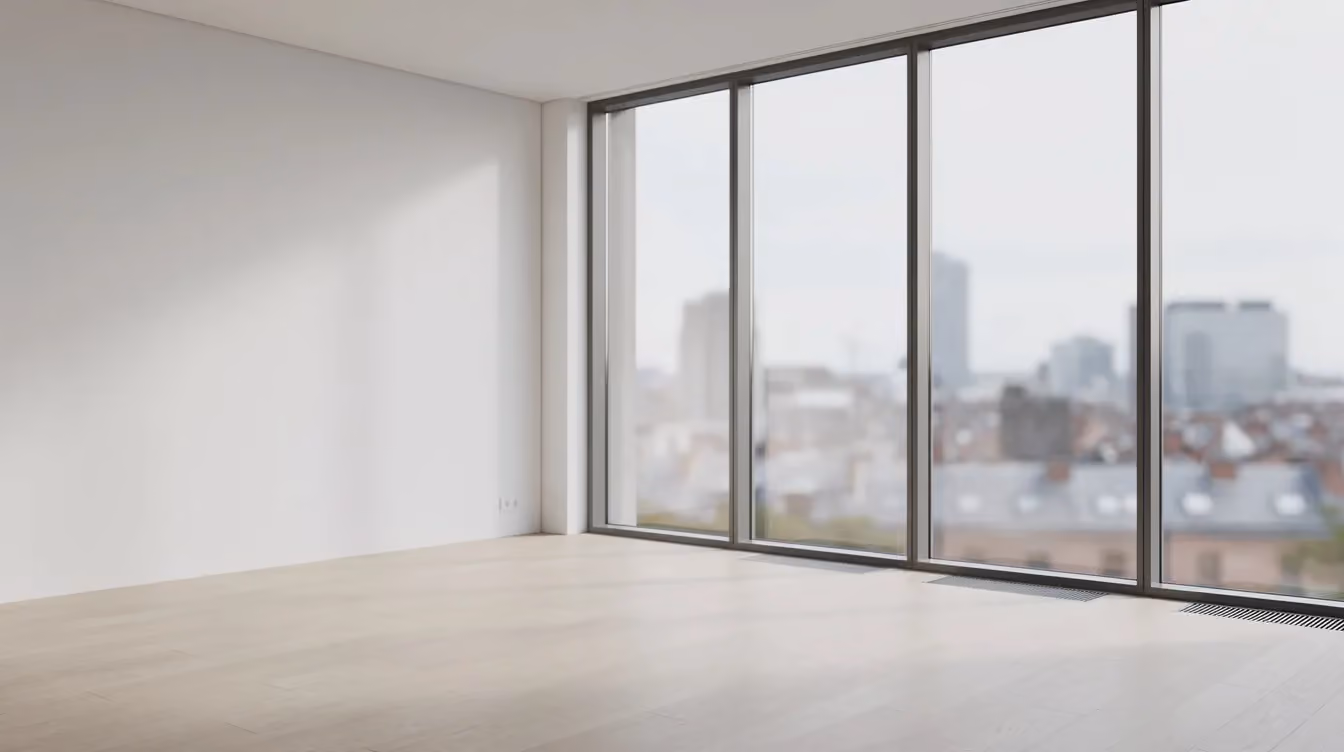 Die leere moderne Wohnung mit großen Fenstern bietet einen Blick auf ein unscharfes Stadtpanorama im Hintergrund, das von weichem Tageslicht durchflutet wird. Diese Immobilie in Dubai könnte eine attraktive Option für Investoren sein, die am Immobilienmarkt interessiert sind.