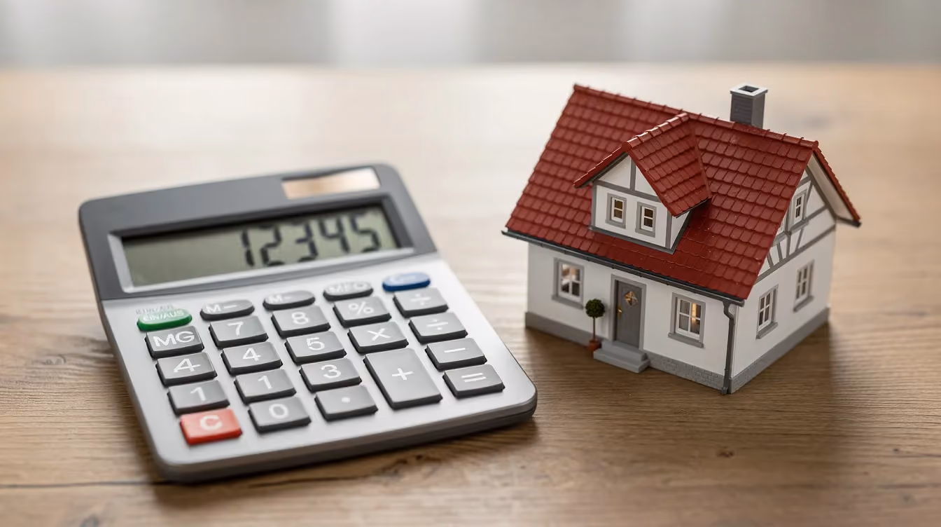 Ein Taschenrechner liegt neben einem Miniaturhaus-Modell auf einem Tisch, was auf die Themen Immobilienfinanzierung und den Immobilienmarkt in Dubai hinweist. Diese Anordnung könnte potenzielle Investoren dazu anregen, über Finanzierungsmöglichkeiten und den Kauf von Immobilien nachzudenken.