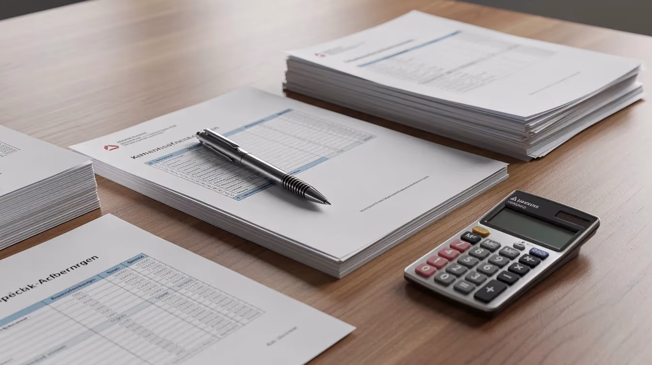 Auf einem Schreibtisch liegen verschiedene Geschäftsdokumente, ein Stift und ein Taschenrechner. Diese Szene könnte für Investoren im Bereich Immobilienfinanzierung in Dubai von Bedeutung sein, da sie wichtige Informationen für den Kauf oder die Finanzierung von Immobilien enthält.