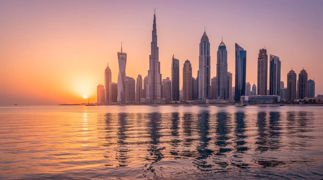 Die moderne Skyline von Dubai zeigt beeindruckende Hochhäuser, die sich gegen den farbenprächtigen Sonnenuntergang abheben, während im Vordergrund ruhiges Wasser zu sehen ist. Diese Szene spiegelt das dynamische Immobilienumfeld von Dubai wider, das für Investoren und Käufer zahlreiche Finanzierungsmöglichkeiten bietet.