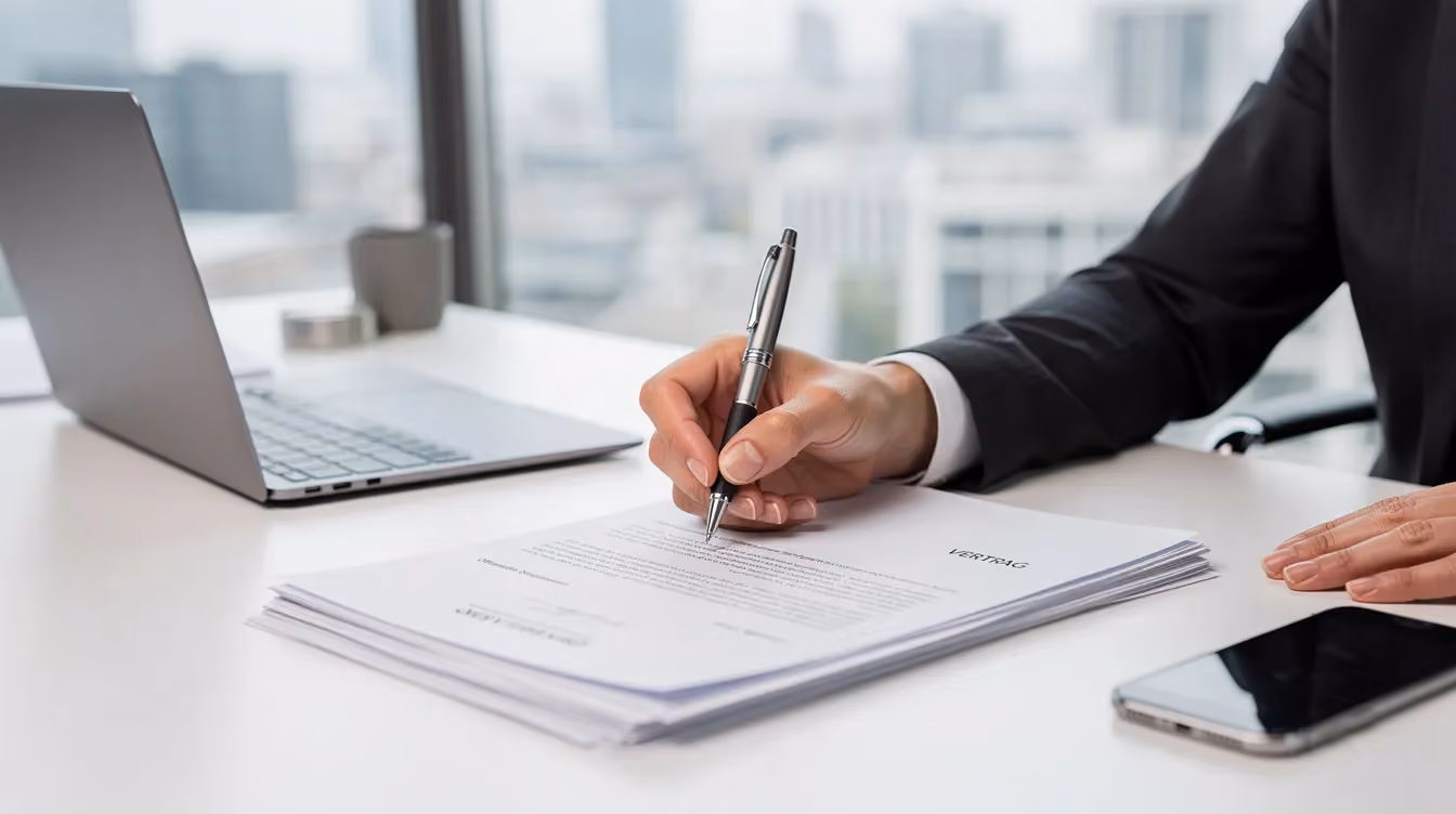 Eine Person unterzeichnet offizielle Dokumente an einem modernen Bürotisch, während sie sich auf den Kauf einer Wohnung in Dubai vorbereitet. Der Tisch ist mit verschiedenen Unterlagen und einem Laptop ausgestattet, was auf den Immobilienkauf in den Vereinigten Arabischen Emiraten hinweist.
