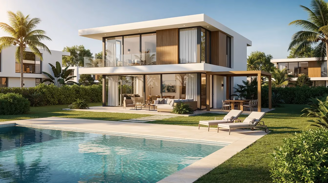 Die moderne Villa mit Pool befindet sich in einer grünen Wohnanlage und strahlt bei sonnigem Wetter eine einladende Atmosphäre aus. Diese Traumimmobilie in Dubai bietet einen hohen Wohnkomfort und ist ideal für Investoren, die eine luxuriöse Wohnung in den Vereinigten Arabischen Emiraten suchen.