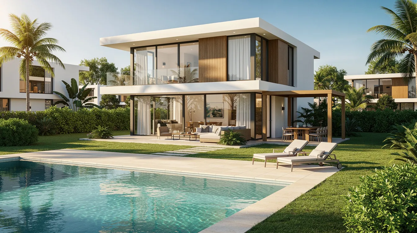 Die moderne Villa mit Pool befindet sich in einer grünen Wohnanlage und strahlt bei sonnigem Wetter eine einladende Atmosphäre aus. Diese Traumimmobilie in Dubai bietet einen hohen Wohnkomfort und ist ideal für Investoren, die eine luxuriöse Wohnung in den Vereinigten Arabischen Emiraten suchen.