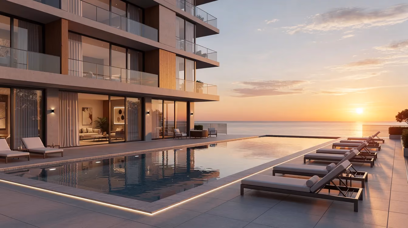 Ein modernes Apartmentgebäude mit einer großzügigen Pool-Terrasse bietet einen atemberaubenden Meerblick auf den Arabischen Golf bei Sonnenuntergang. Diese Immobilie in Ras Al Khaimah ist ideal für Investoren, die an einem attraktiven Standort in der Nähe von Al Marjan Island interessiert sind.
