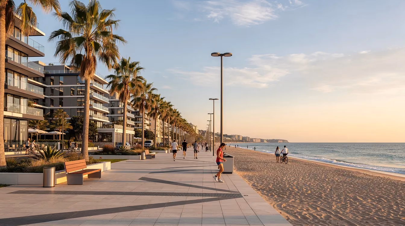 Die moderne Waterfront-Promenade in Ras al Khaimah zeigt eine malerische Kulisse mit Palmen, einem einladenden Strand und zeitgenössischen Gebäuden, die direkt am Meer liegen. Diese Gegend ist ein beliebtes Ziel für Touristen und Investoren, die in die Immobilienmärkte der VAE investieren möchten.