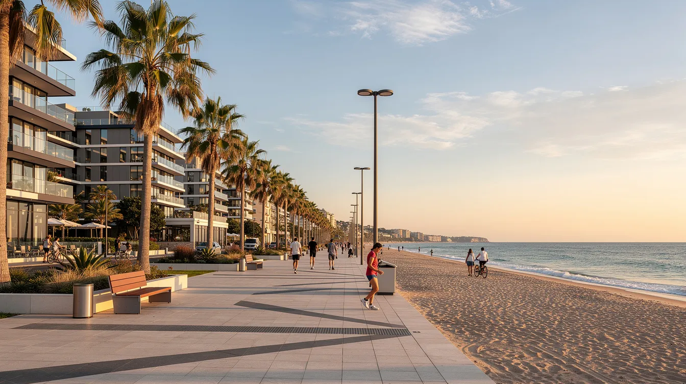 Die moderne Waterfront-Promenade in Ras al Khaimah zeigt eine malerische Kulisse mit Palmen, einem einladenden Strand und zeitgenössischen Gebäuden, die direkt am Meer liegen. Diese Gegend ist ein beliebtes Ziel für Touristen und Investoren, die in die Immobilienmärkte der VAE investieren möchten.