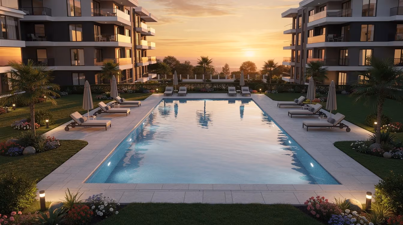 Ein gepflegter Pool und eine wunderschöne Gartenanlage sind in einem modernen Wohnkomplex bei Sonnenuntergang zu sehen. Die entspannende Atmosphäre wird durch die geschmackvolle Gestaltung der Außenanlagen und den Blick auf die umliegenden Immobilien in Dubai verstärkt.