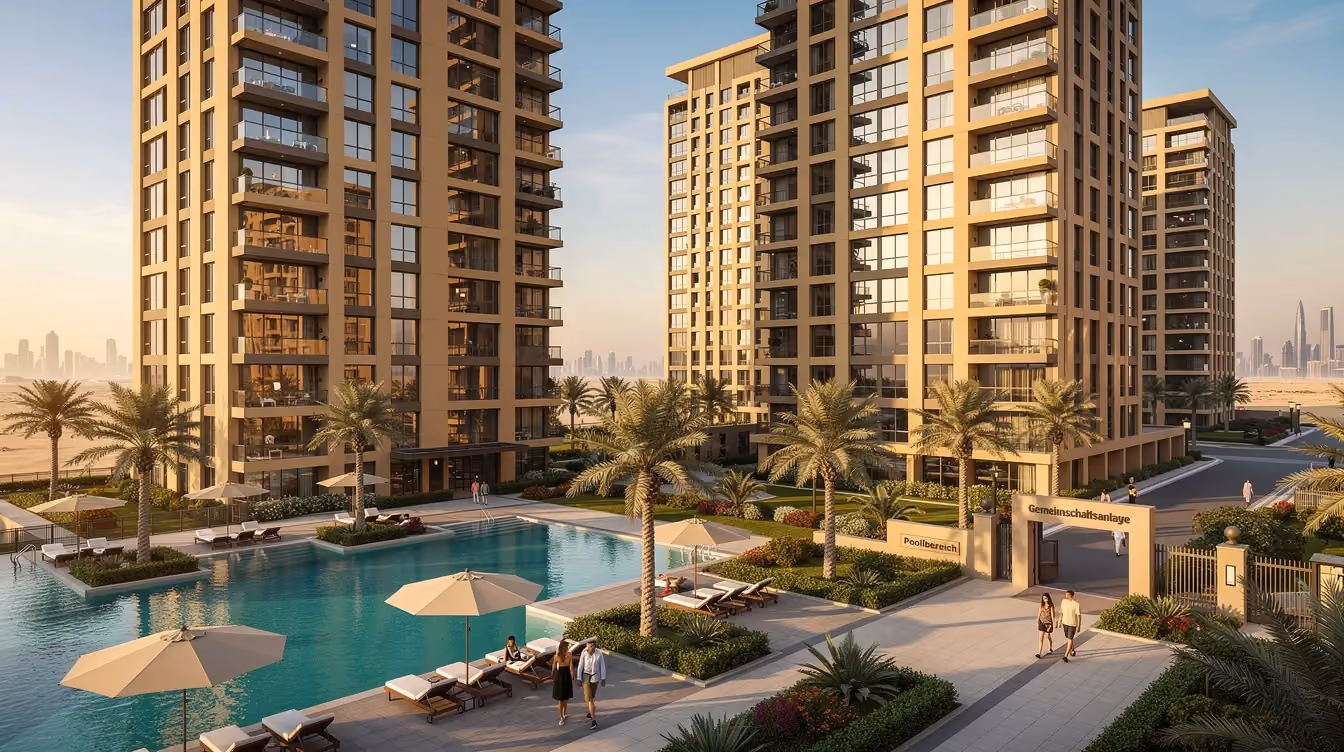 Das Bild zeigt moderne Wohntürme in Dubai, umgeben von einem einladenden Pool und Gemeinschaftsanlagen wie Spiel- und Grillbereichen. Diese luxuriöse Wohnanlage spiegelt die hohen Standards der Immobilienverwaltung und der Servicegebühren in Dubai wider.