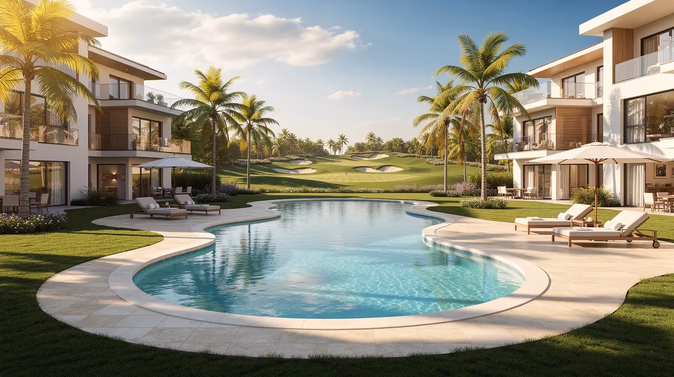Das Bild zeigt eine moderne Wohnanlage in einer Golfregion, umgeben von Palmen und mit einem einladenden Pool. Diese attraktive Immobilie in Dubai könnte für Investoren und Immobilienbesitzer von Interesse sein, insbesondere im Hinblick auf die Nachlassplanung und das Erbrecht in den Vereinigten Arabischen Emiraten.