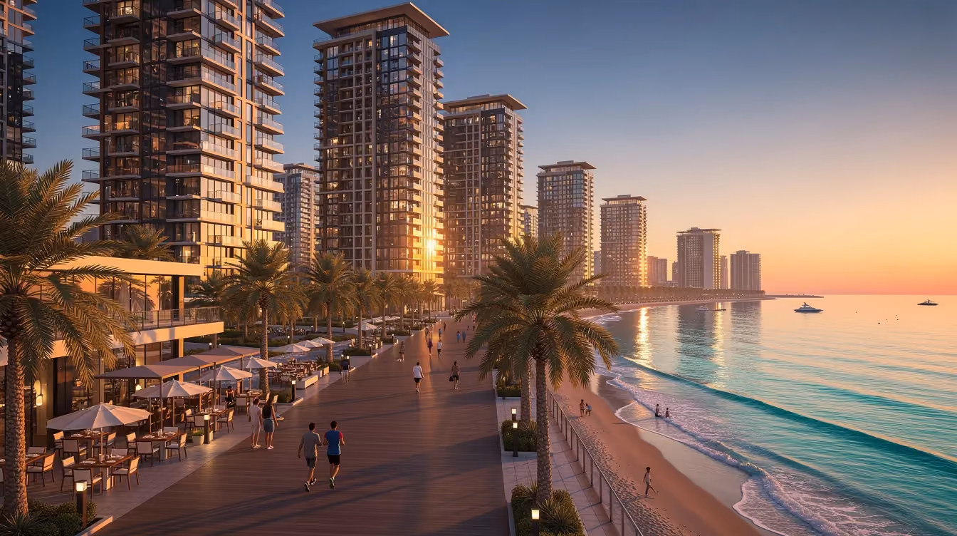 Die moderne Küstenpromenade in Dubai wird von beeindruckenden Wohntürmen gesäumt, die im warmen Licht des Sonnenuntergangs erstrahlen. Diese Architektur symbolisiert die dynamische Immobilienlandschaft der Vereinigten Arabischen Emirate und bietet einen Blick auf die Möglichkeiten der Nachlassplanung und des Erbrechts in Dubai.