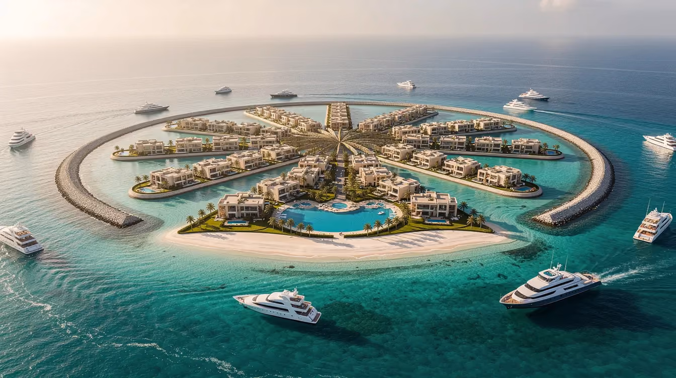 Eine Luftaufnahme zeigt die beeindruckende künstliche Insel Palm Jumeirah in den Vereinigten Arabischen Emiraten, umgeben von türkisfarbenem Wasser. Luxuriöse Gebäude und Villen säumen die Uferlinien und bieten einen atemberaubenden Blick auf das Meer.