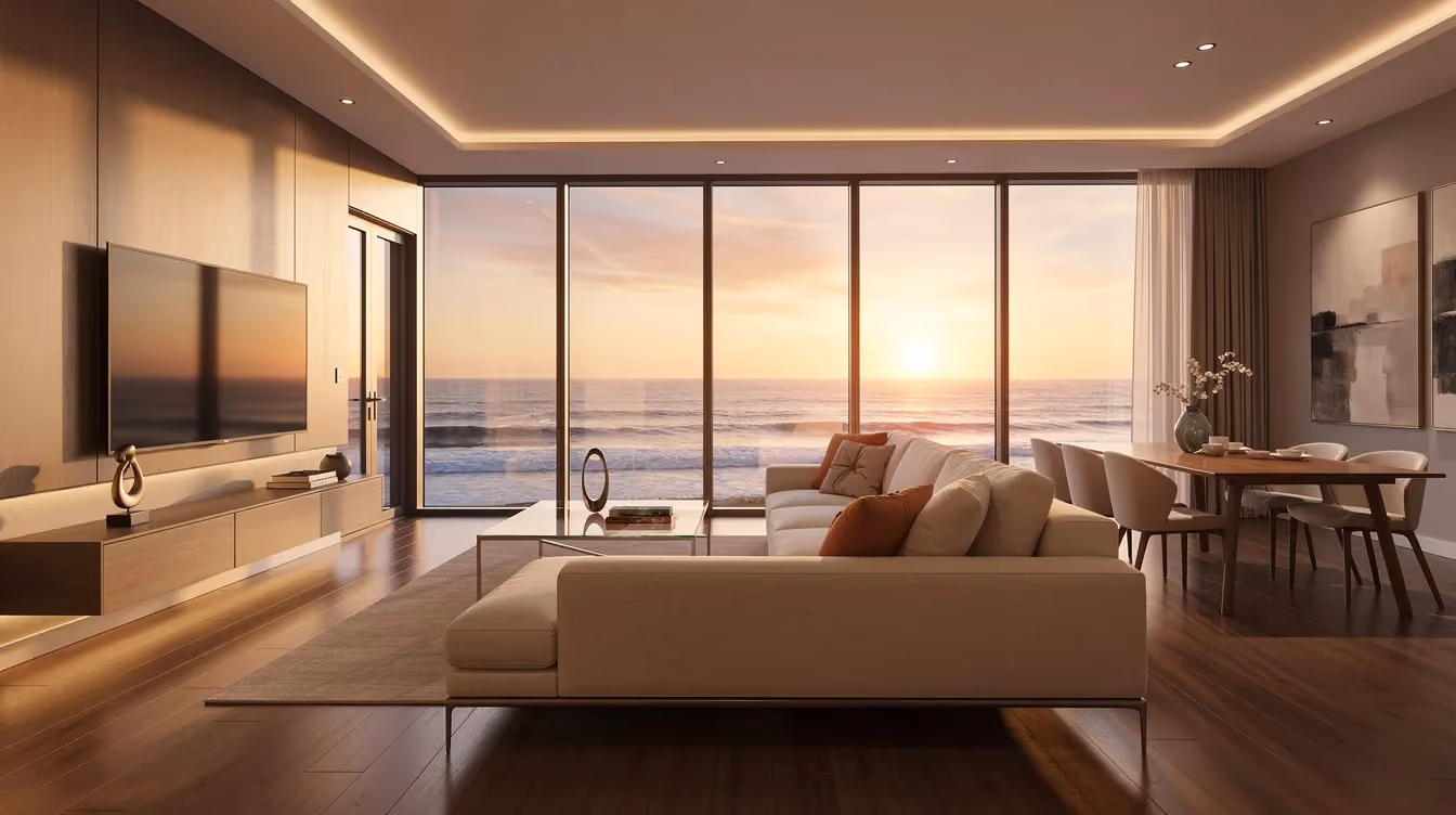 Das Bild zeigt das Interieur eines modernen Luxus-Apartments mit bodentiefen Fenstern, die einen atemberaubenden Blick auf das Meer bei Sonnenuntergang bieten. Diese Residenz befindet sich auf der Palm Jumeirah in den Vereinigten Arabischen Emiraten und verkörpert den Luxus und die Eleganz, die man von Immobilien in Dubai erwartet.