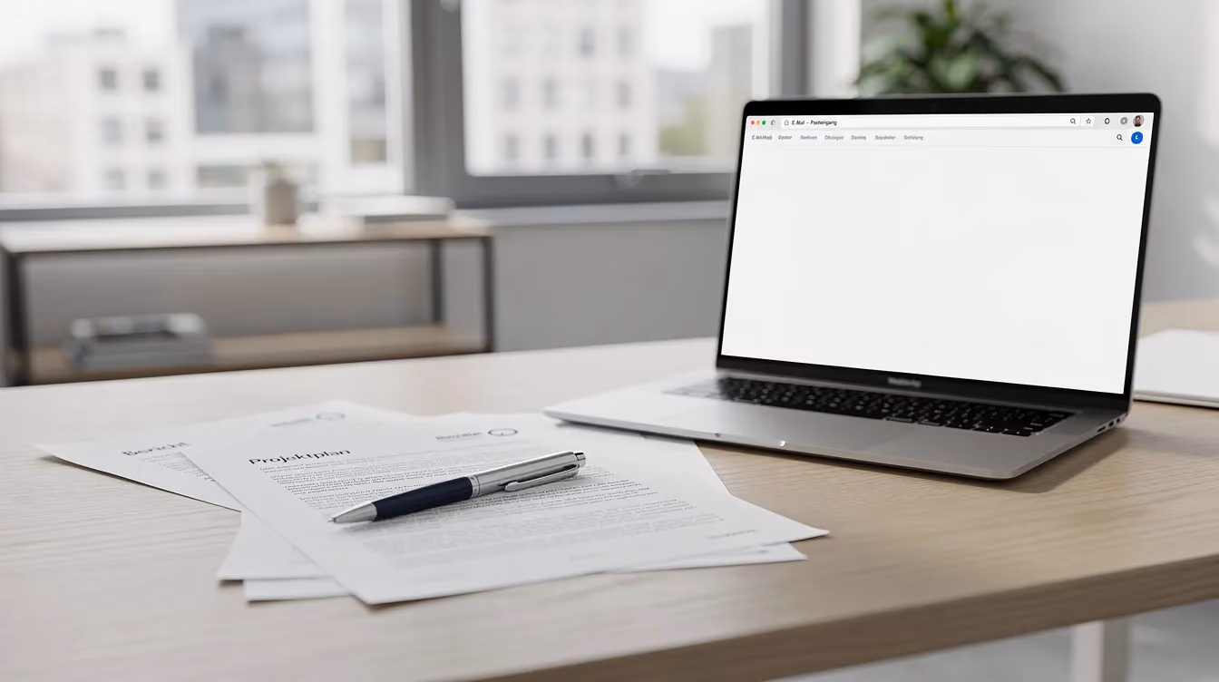 Ein moderner Schreibtisch ist mit Dokumenten, einem Laptop und einem Kugelschreiber ausgestattet, was auf eine produktive Arbeitsumgebung hinweist. Diese Szene könnte gut in einem Büro für Immobilienkäufer in Dubai platziert sein, wo der Kauf einer Immobilie und die damit verbundenen Transaktionen im Fokus stehen.