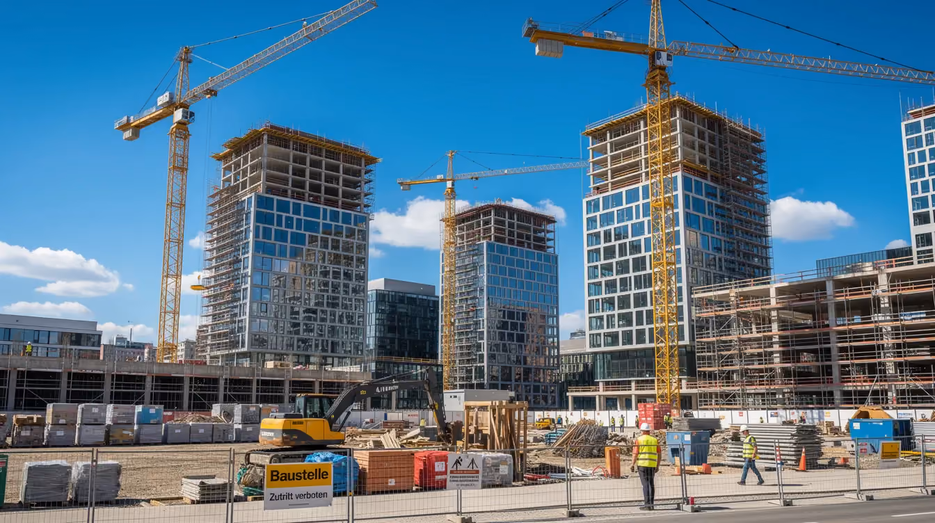 Die Großbaustelle zeigt moderne Hochhäuser im Bau, umgeben von Kränen, die sich vor einem strahlend blauen Himmel erheben. Diese Szene repräsentiert die dynamische Entwicklung des Immobilienmarktes in Dubai und die zahlreichen Off-Plan-Projekte, die Investoren anziehen.