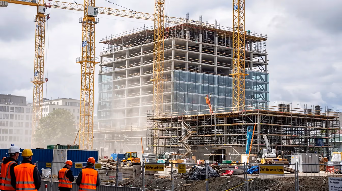 Die Abbildung zeigt eine große Baustelle in Dubai, auf der Kräne und Gerüste zu sehen sind, während Arbeiter an einem teilweise fertiggestellten Hochhaus tätig sind. Diese Szene ist typisch für den dynamischen Immobilienmarkt in Dubai, wo zahlreiche off plan Projekte realisiert werden.