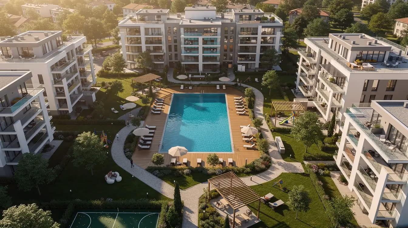 Das Bild zeigt einen modernen Wohnkomplex aus der Vogelperspektive, der über einen Pool, großzügige Grünflächen und einladende Gemeinschaftsbereiche verfügt. Diese off plan Immobilien in Dubai bieten Investoren attraktive Möglichkeiten zur Wertsteigerung und sind Teil eines dynamischen Immobilienmarktes.