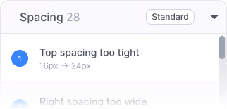 Spacing findings panel showing expected and actual spacing values