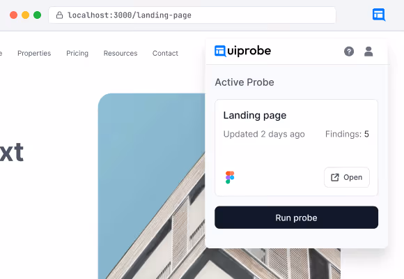Chrome Extension popup showing an active probe with finding count and action buttons