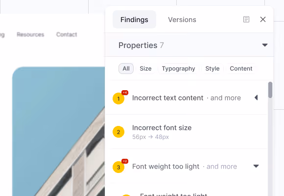 Findings panel showing property findings grouped by type with category filters