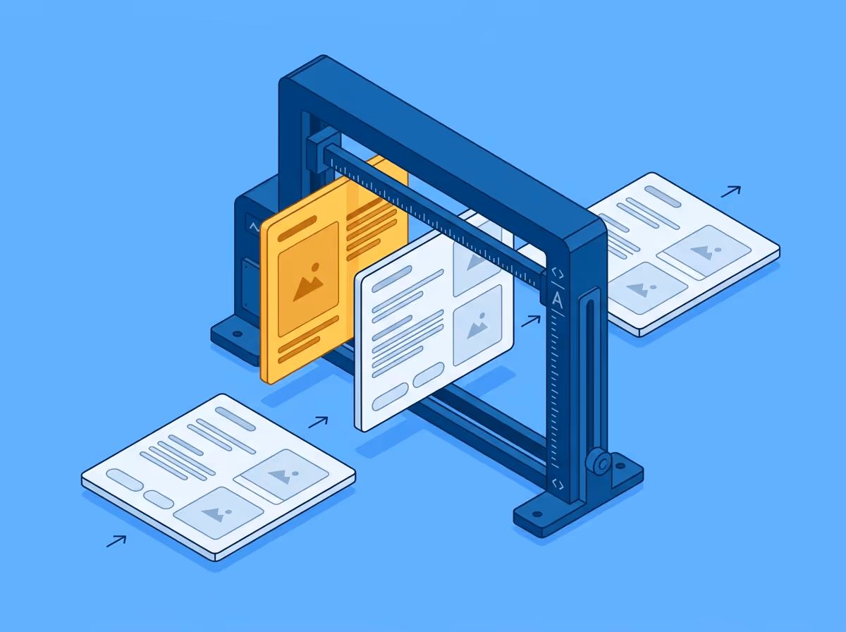 Isometric illustration of visual QA comparing a rendered web page against its original design