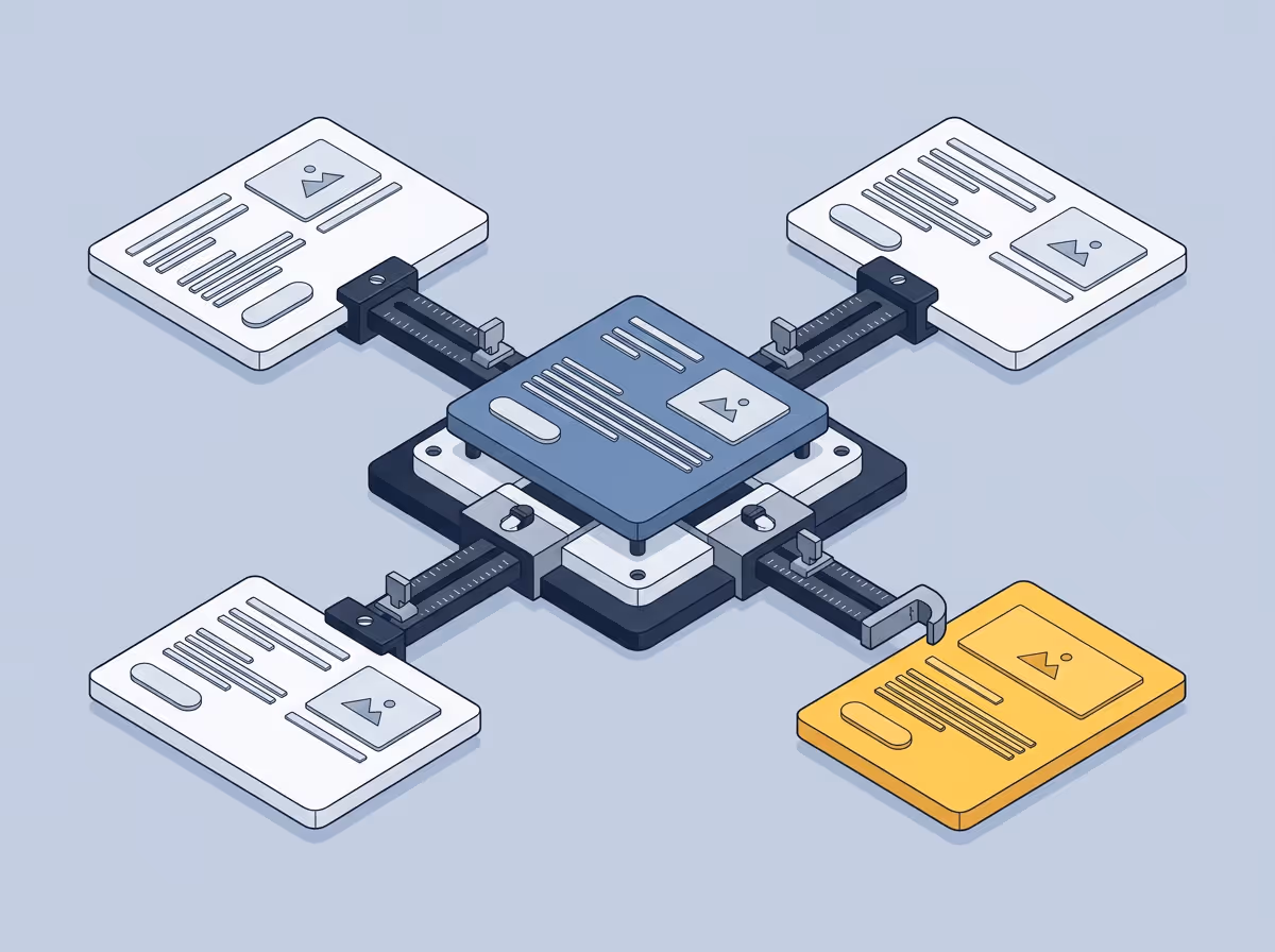 Isometric illustration of a Figma file serving as an active benchmark for measuring implementation accuracy