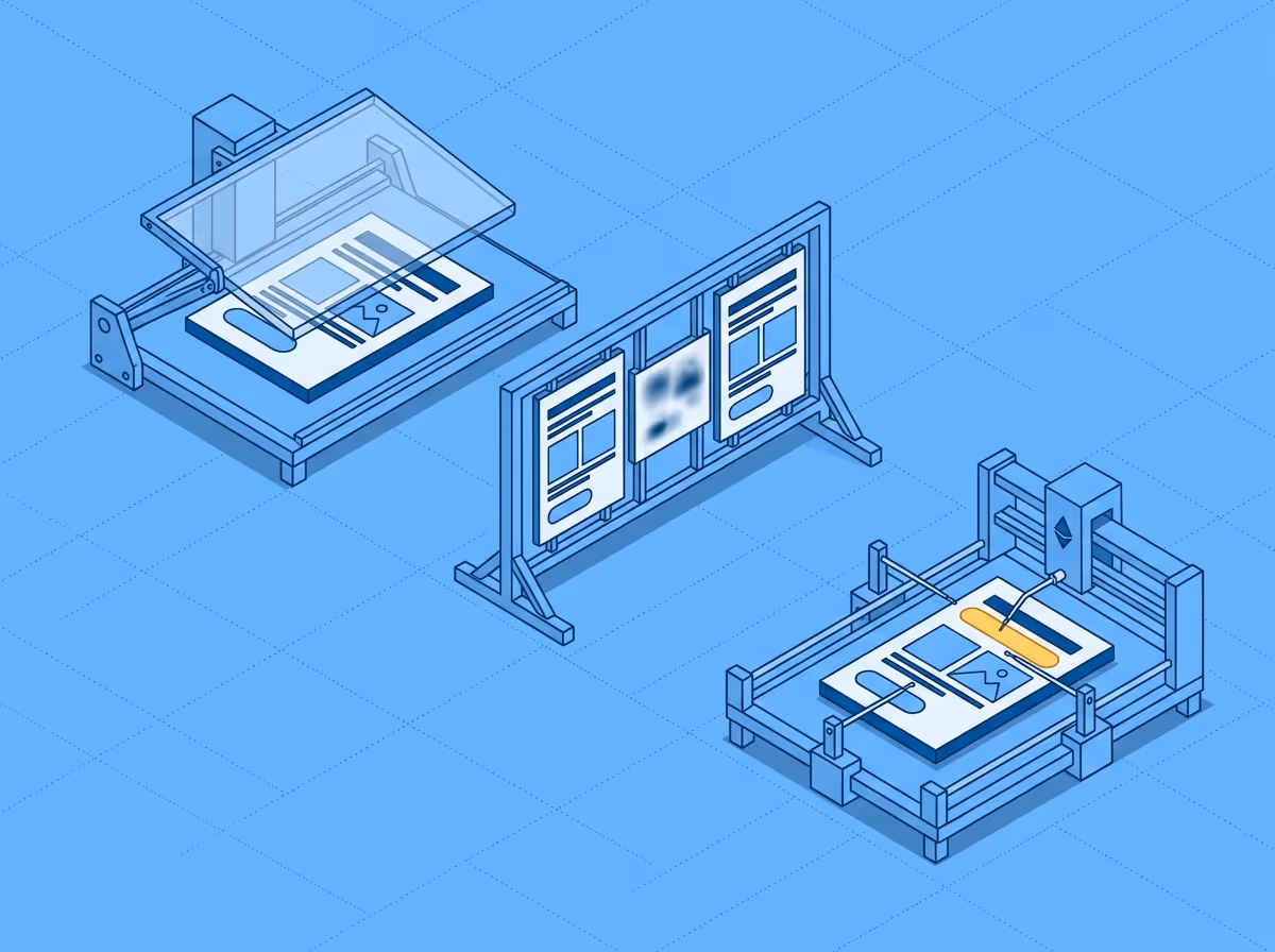 Isometric illustration of three different inspection machines examining the same layout slab, each using a different method